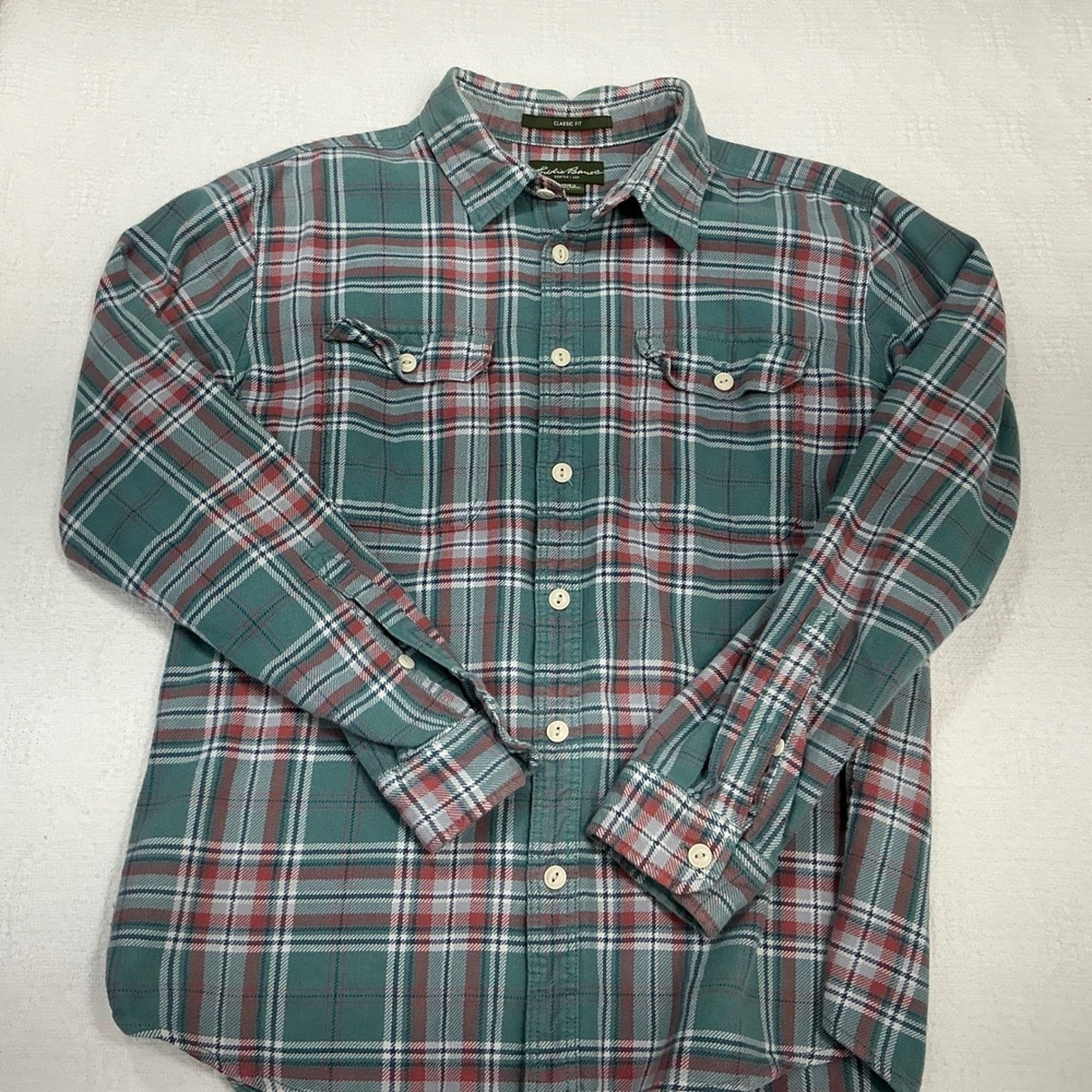 Eddie Bauer Mens Classic Fit Flannel Shirt Large Teal Red Plaid Long Sleeve L - Picture 7 of 10